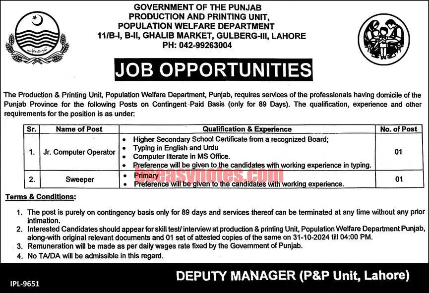 Population Welfare Department Punjab PWP Jobs 2024 Advertisement 