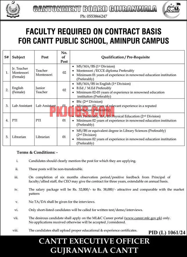 Teaching Jobs 2024 Cantonment Board Gujranwala Advertisement