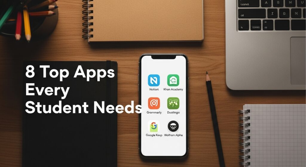A clean, top-down flat lay of a student’s desk showing a smartphone screen with 8 app icons (Notion, Quizlet, Khan Academy, Grammarly, Duolingo, Forest, Google Keep, Wolfram Alpha). Around the phone: notebooks, a pencil case, and a laptop. Warm light, modern minimalist style. Overlay bold white text: ‘8 Top Apps Every Student Needs’.”