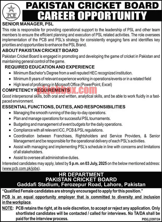 Pakistan Cricket Board PCB Jobs 2025