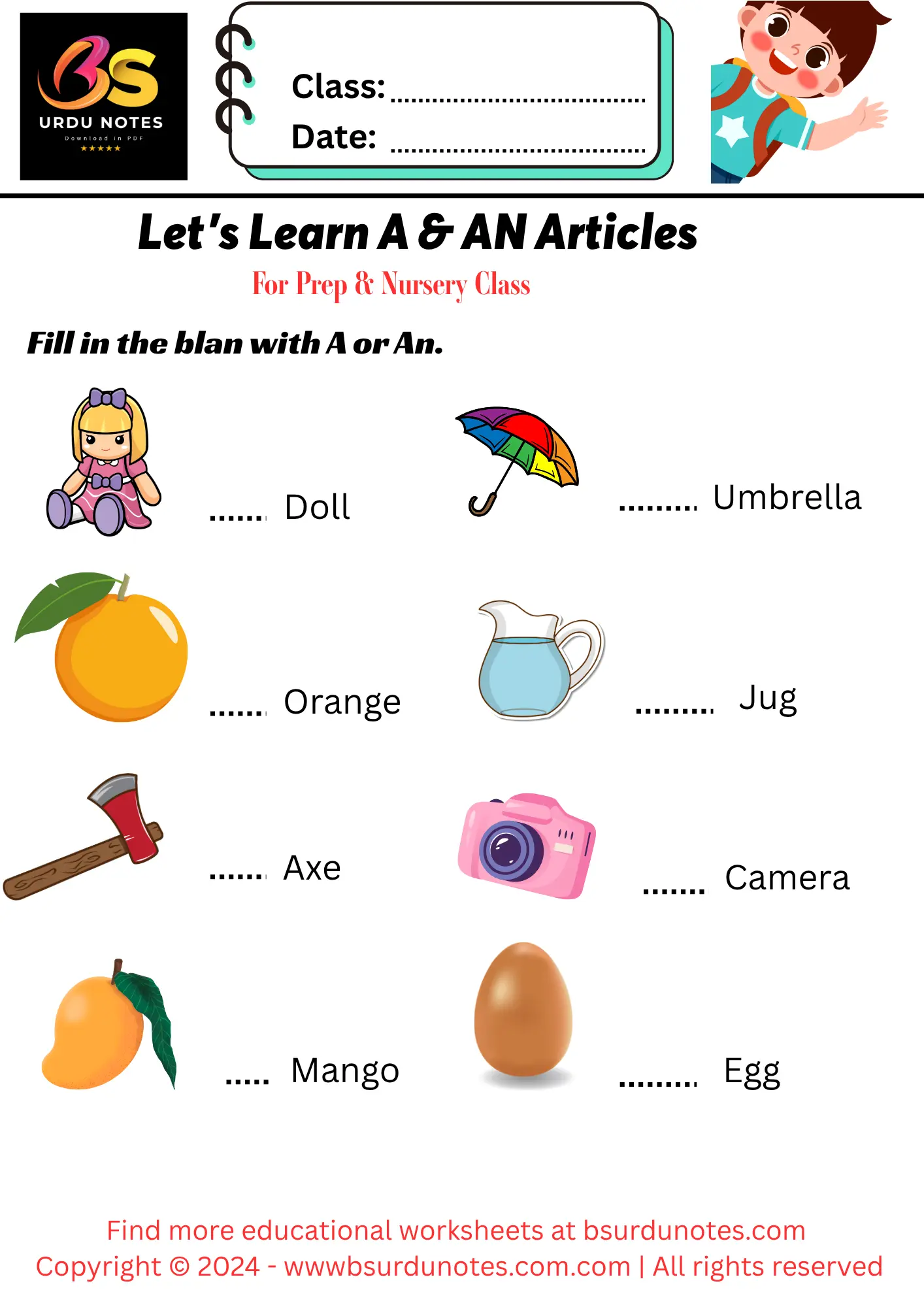 1 Perfect A And An Worksheet for Nursery Kids