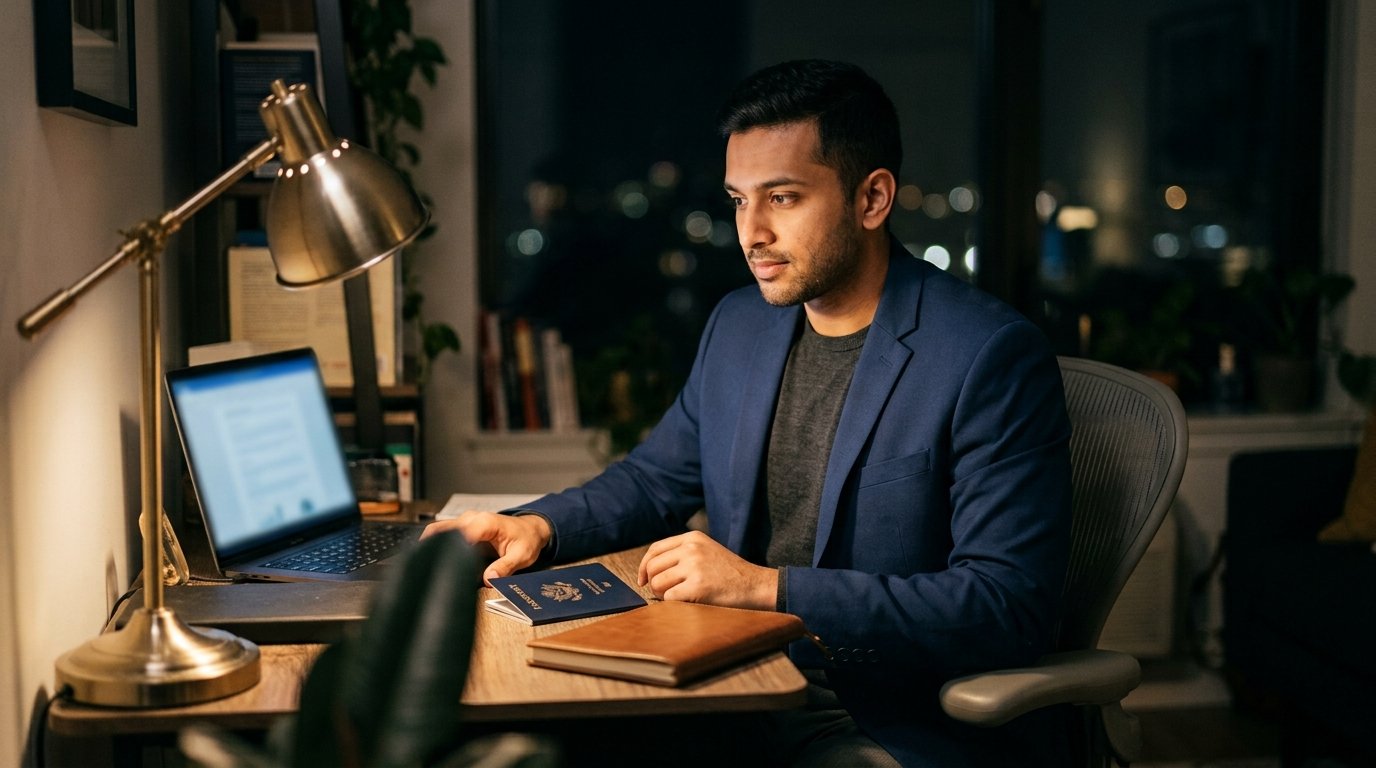Applicant reviewing US work visa paperwork after the $100,000 H-1B fee was blocked