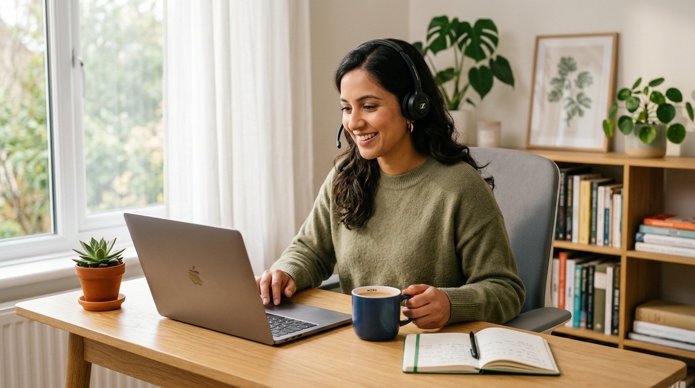 Remote customer service worker with headset taking a call from a home office