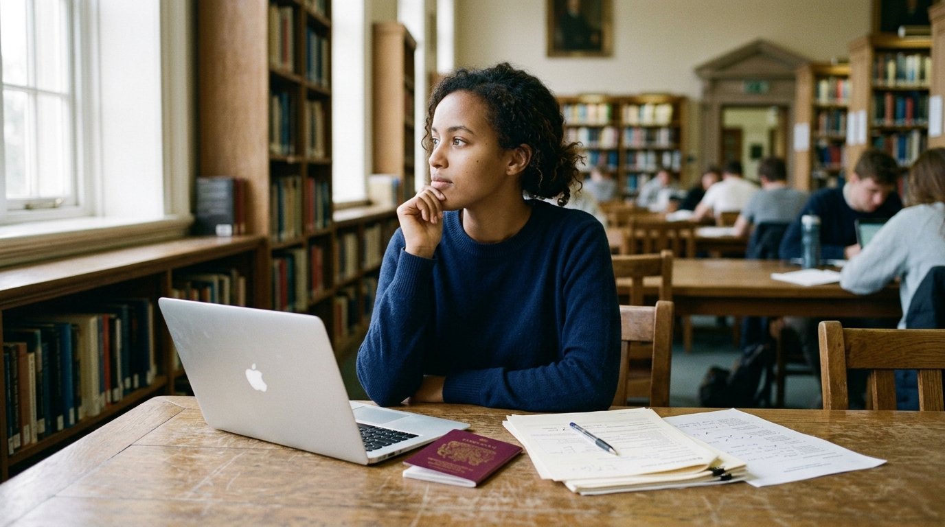 International graduate reviewing paperwork as the $100,000 OPT fee proposal is debated