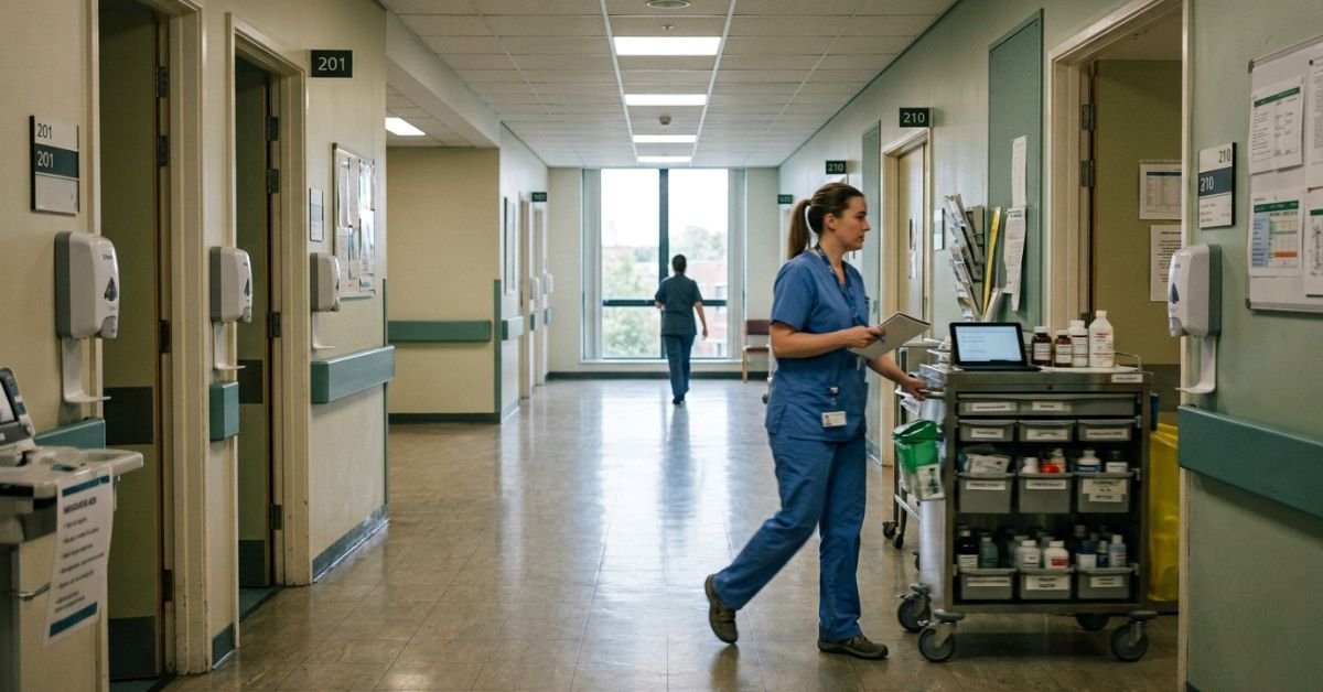 Hospital ward corridor at shift change illustrating a nursing job in USA with visa sponsorship in 2026