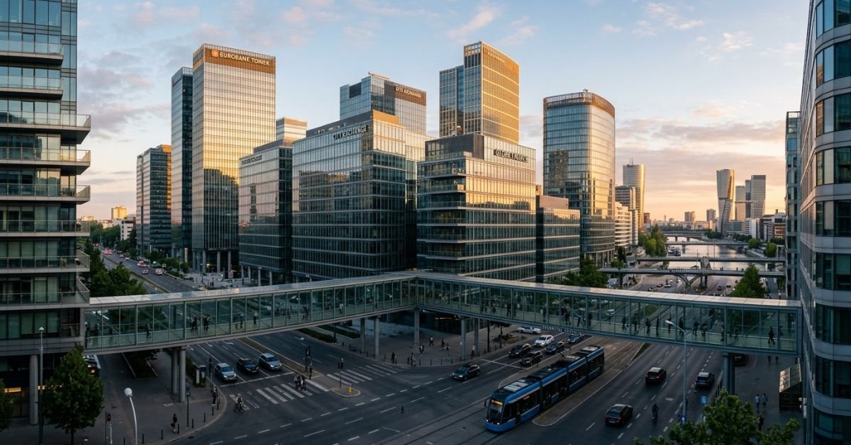 European financial district at sunrise representing banking and finance jobs in Luxembourg with visa sponsorship