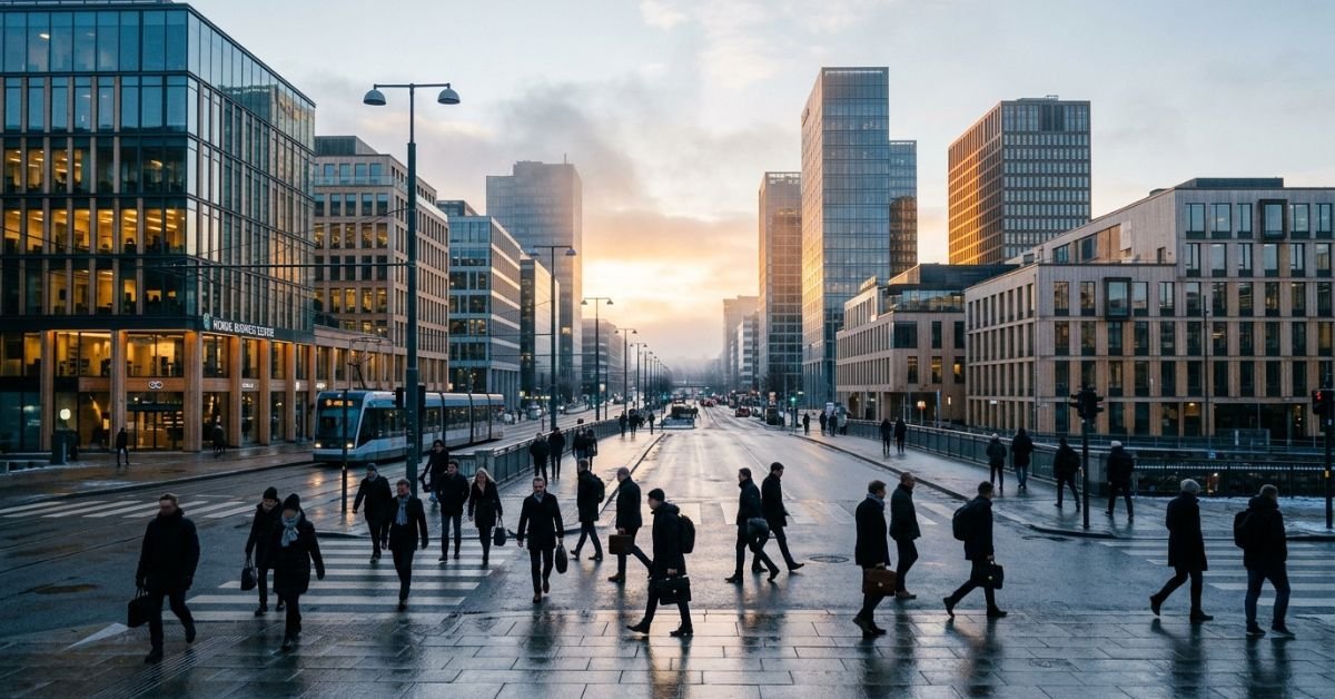 Early-morning commuters in a Nordic business district, illustrating IT and engineering jobs in Sweden with visa sponsorship