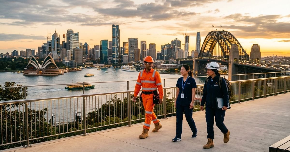 Skilled overseas workers in front of an Australian city skyline, illustrating 482, 186 and 494 visa sponsorship jobs in 2026