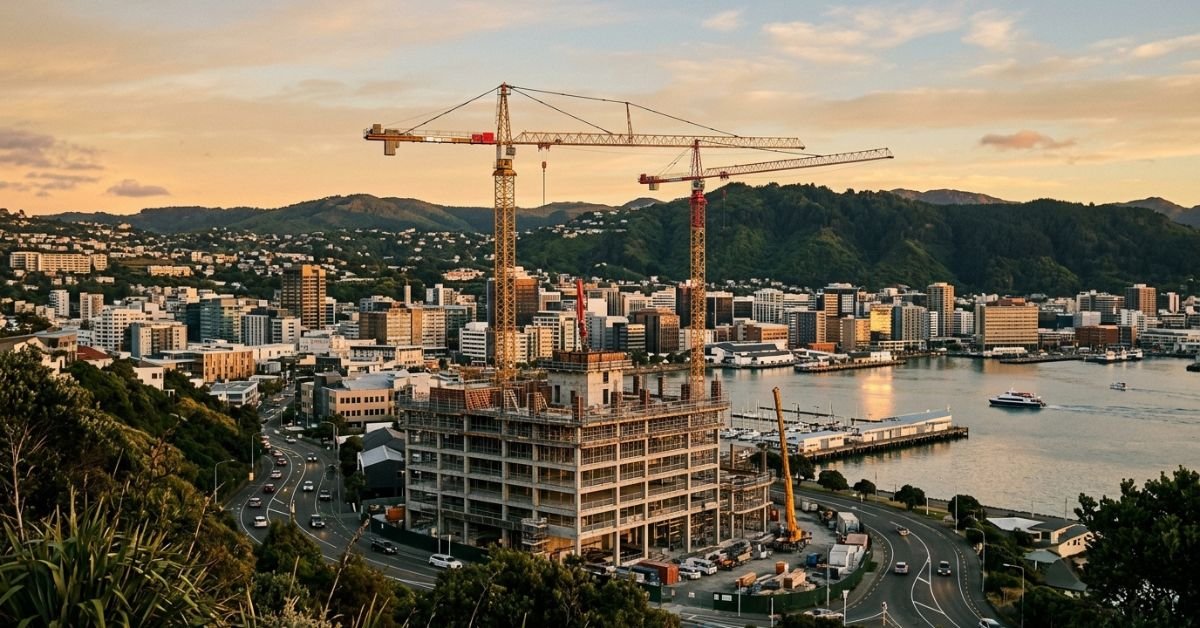 Construction cranes over a New Zealand city, representing healthcare and construction jobs in New Zealand