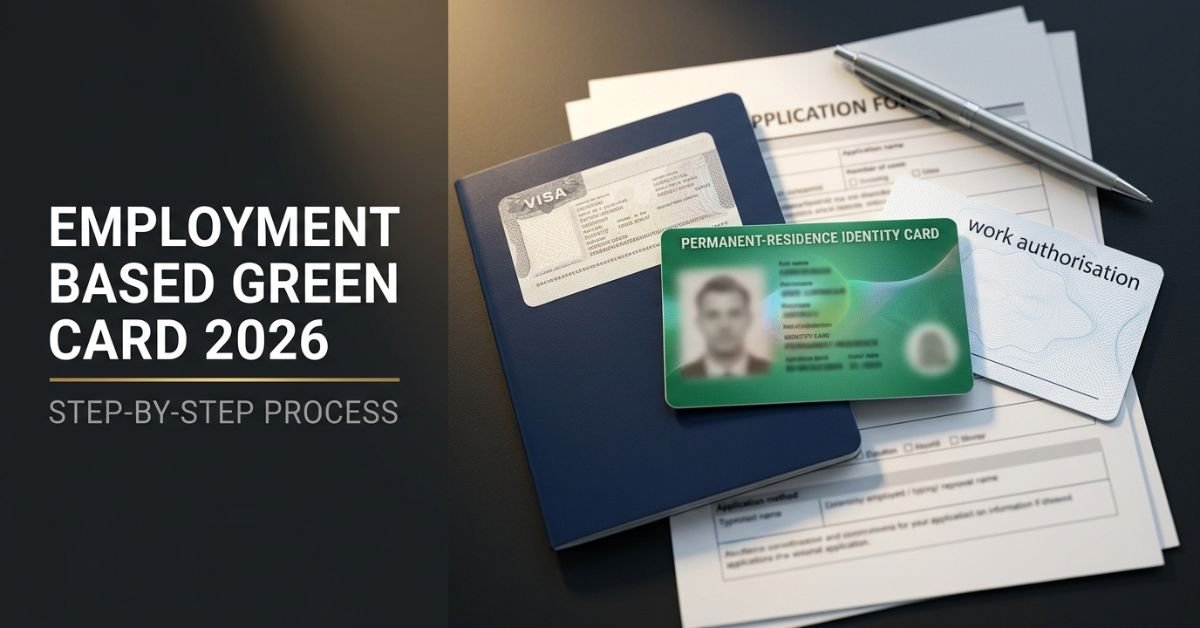 Green card, visa page and work permit representing the employment based green card process 2026