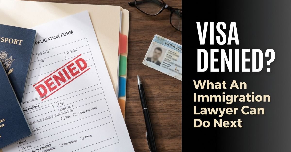 Visa application denied notice with passport and work permit card on a lawyer's desk