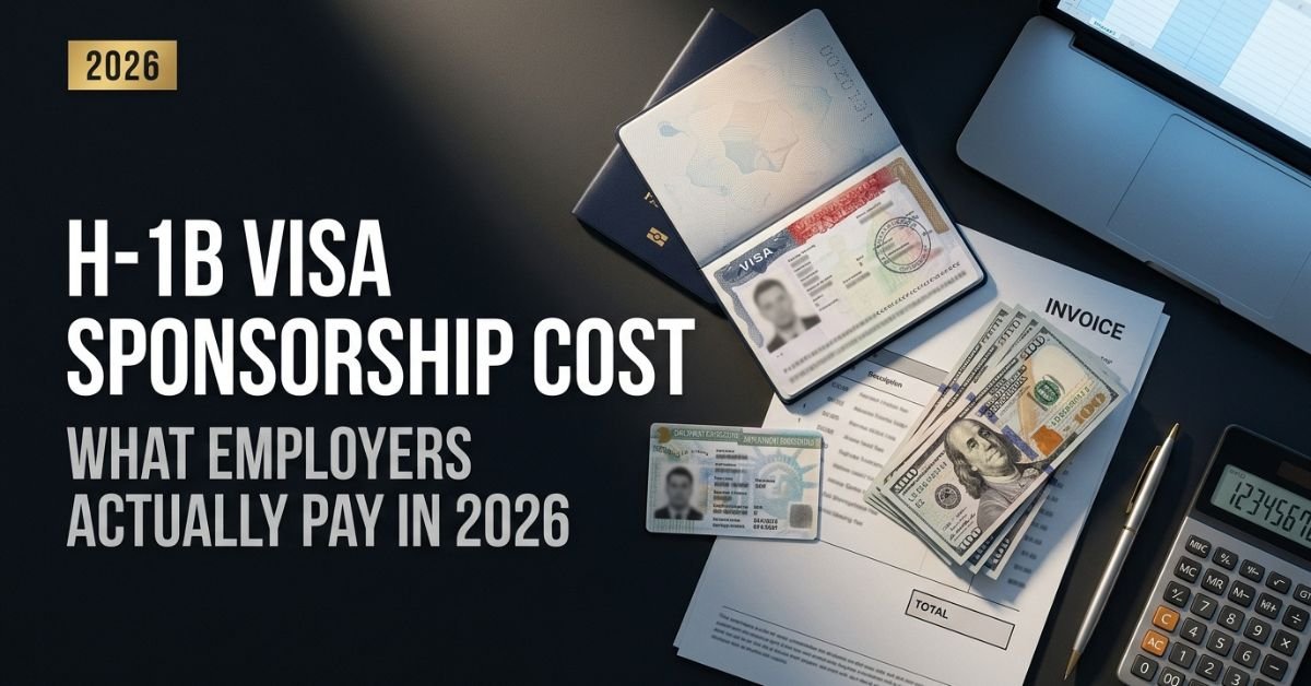 H-1B visa sponsorship cost 2026 showing passport, work permit card and employer fee breakdown