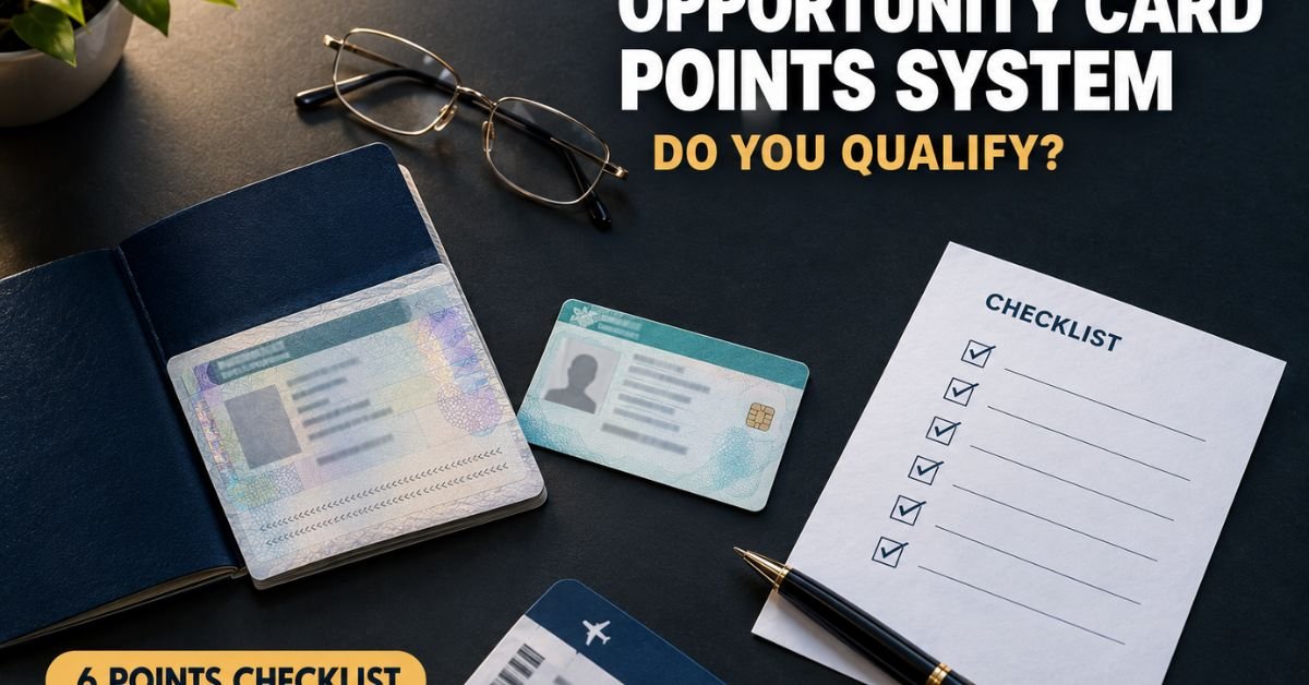 Opportunity Card points system checklist with passport, work permit and visa documents
