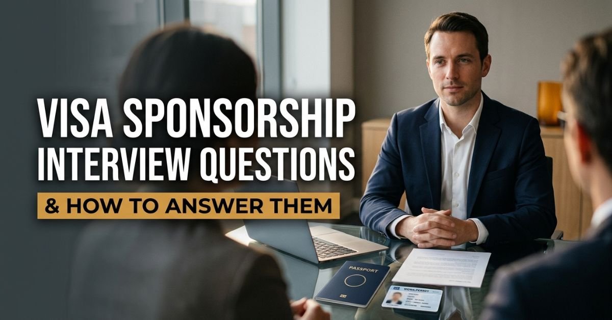 Visa sponsorship job interview questions — candidate answering an employer in a modern office