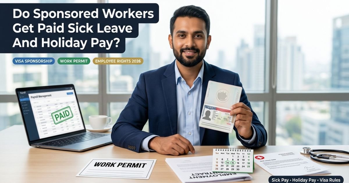 Sponsored worker with visa and work permit checking paid sick leave and holiday pay