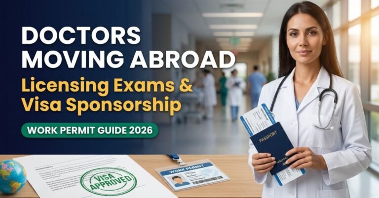Doctors moving abroad with visa sponsorship and work permit documents for licensing exams