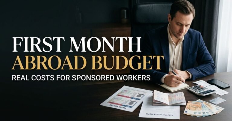 Sponsored worker planning a first month abroad budget in a new rental room