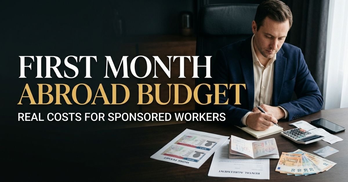 Sponsored worker planning a first month abroad budget in a new rental room