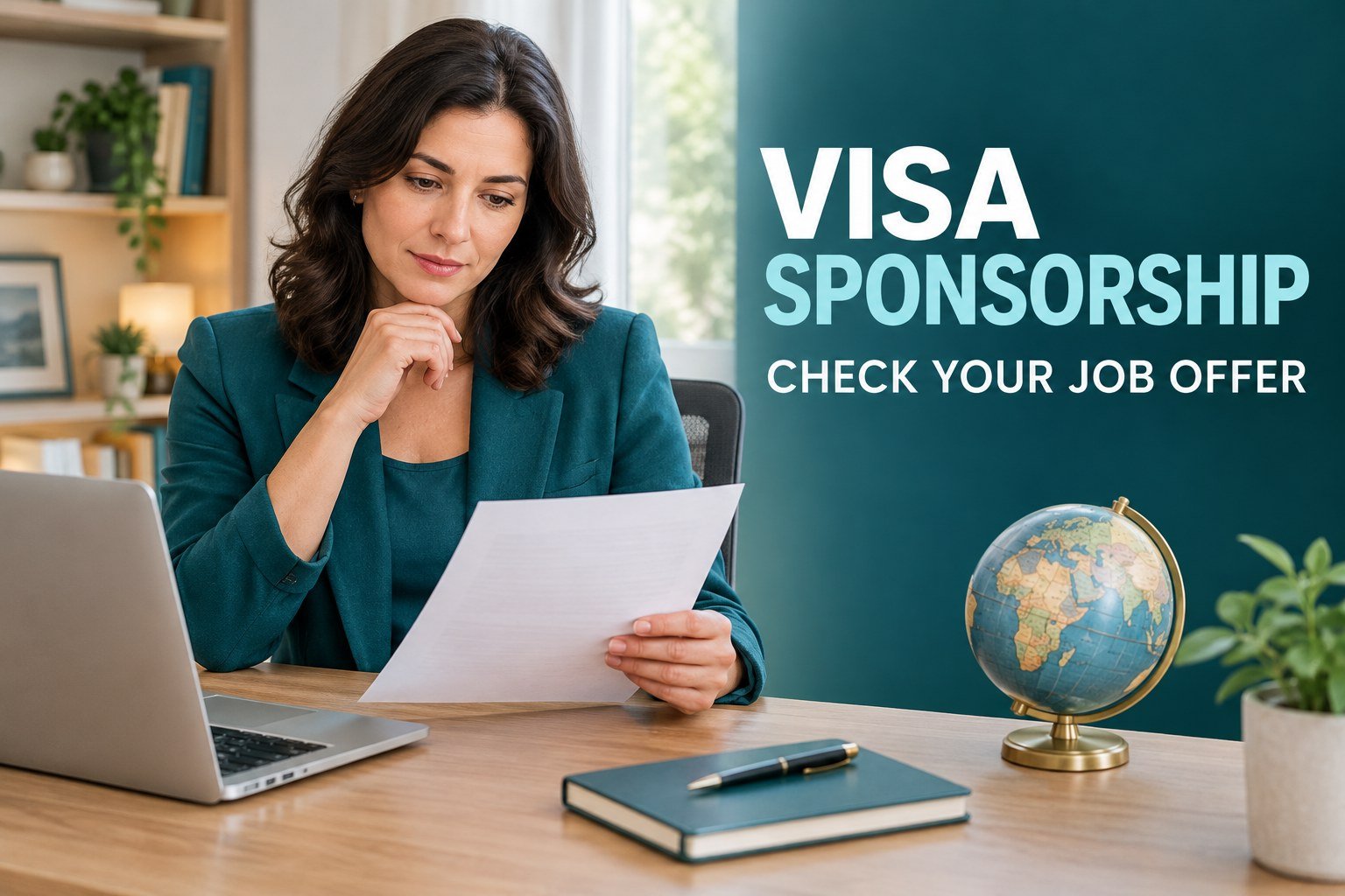 Female professional reviewing documents to verify a visa sponsorship job offer