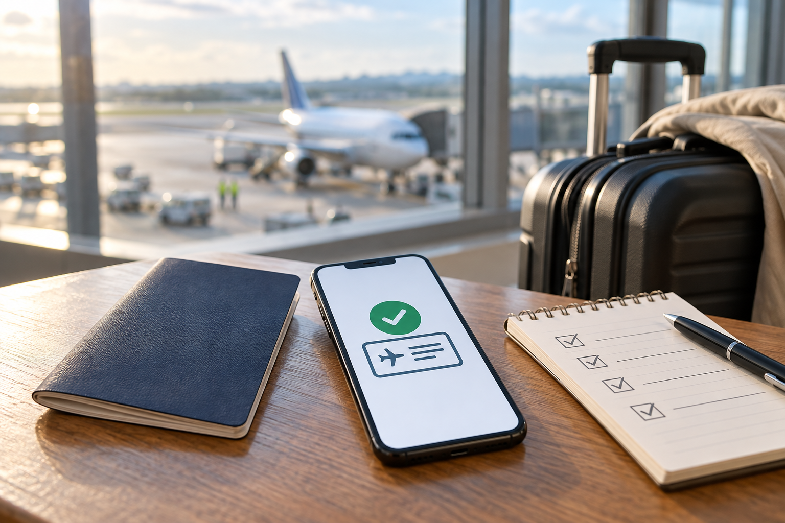 Passport, phone travel-check illustration and checklist beside airport luggage